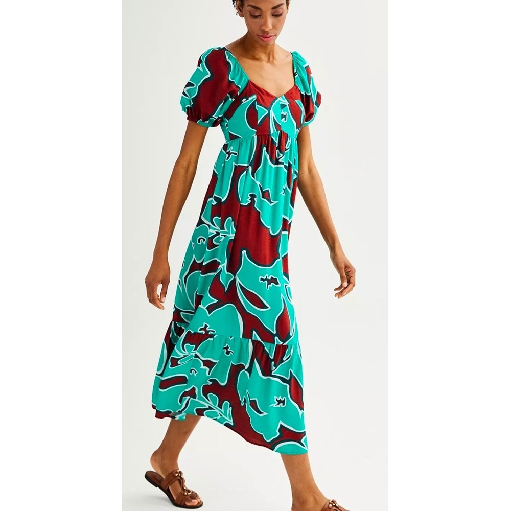 Nine‎ West Teal Oleander Floral Babydoll Maxi Dress Puff Sleeve Smocked Med NEW